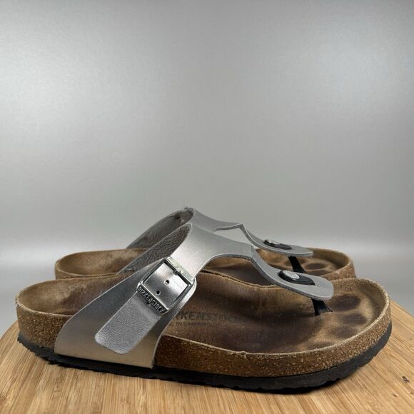 Birkenstock Womens Gizeh Sz 41 US 10 Birko-Flor Silver Leather‎ Sandals - Picture 1 of 7